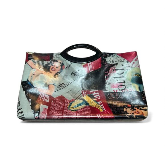 Jeanne Lottie Vintage Newspaper Print Clutch Lucite Handles Statement Bag Bold - Picture 5 of 14